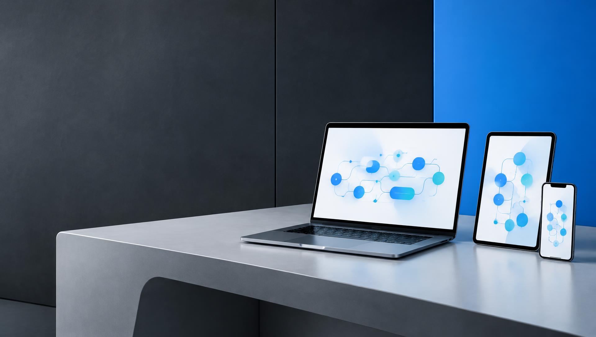 Computador, tablet e telemóvel com representação ilustrativa de fluxos de automação