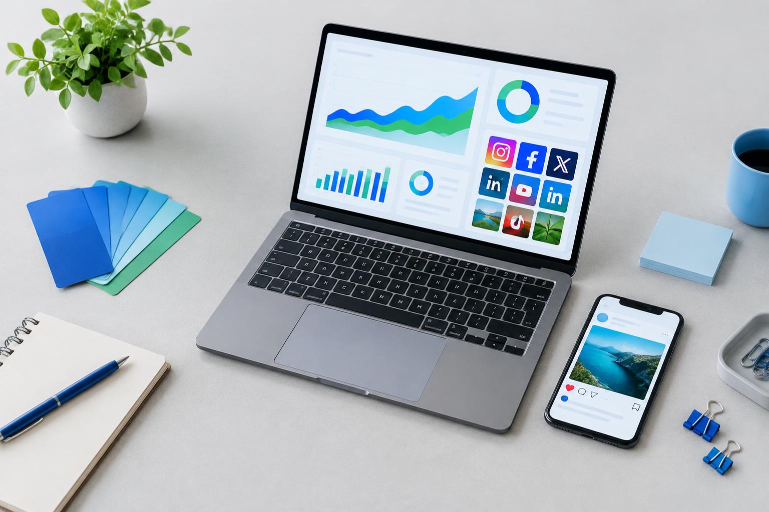 Computador com gráficos de marketing e telemóvel com conteúdo digital