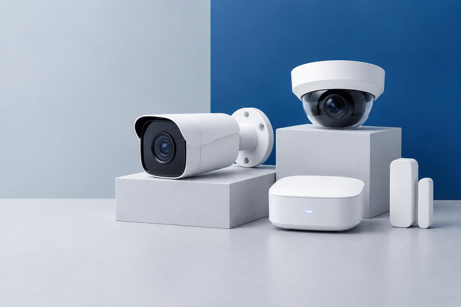 Câmaras de videovigilância, central de alarme e sensores de abertura